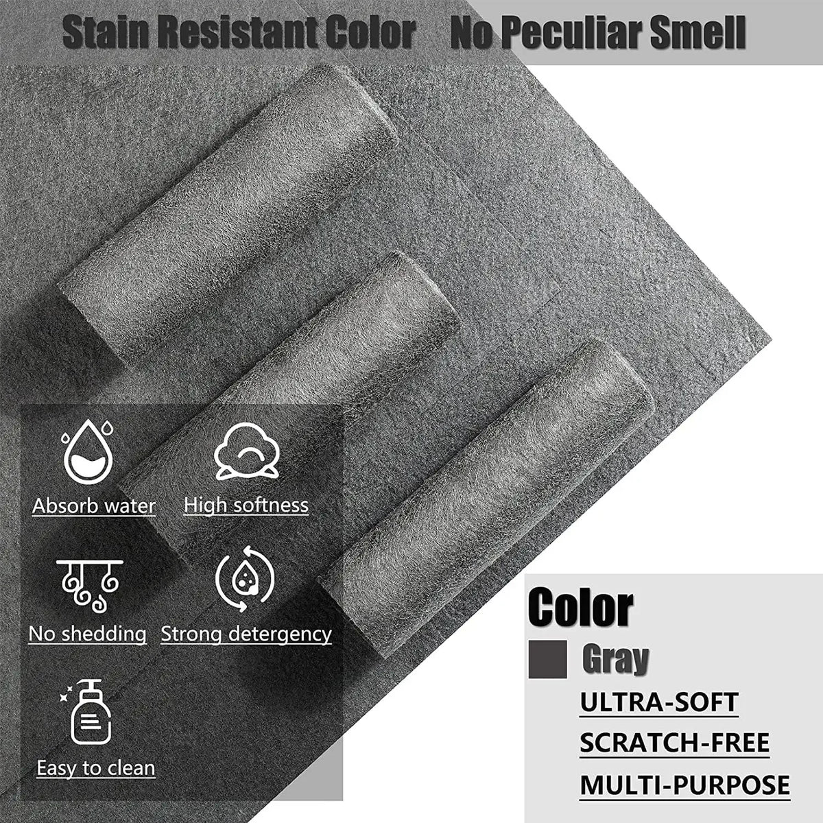 Gray stain resistant microfiber cleaning cloths showing features like water absorption and high softness