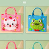 Two pink and blue felt animal bags, a cat and a frog, used for DIY sewing craft kits.