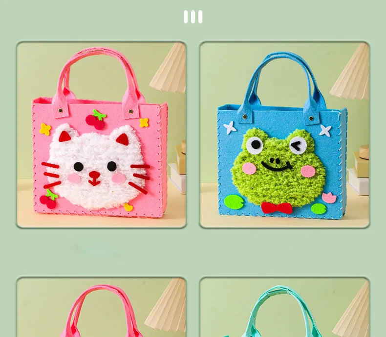 Two pink and blue felt animal bags, a cat and a frog, used for DIY sewing craft kits.