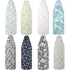 A collection of nine patterned ironing board covers featuring floral and leaf designs on a light background.