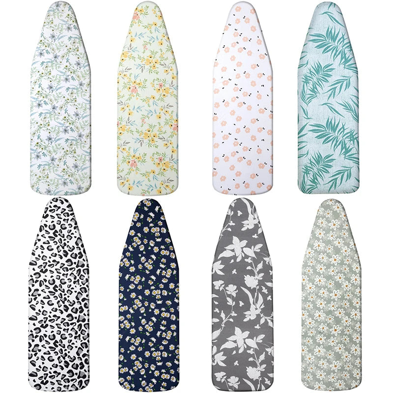 A collection of nine patterned ironing board covers featuring floral and leaf designs on a light background.