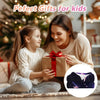 A woman is giving a child a wrapped gift, with a purple and white blanket visible in the foreground.