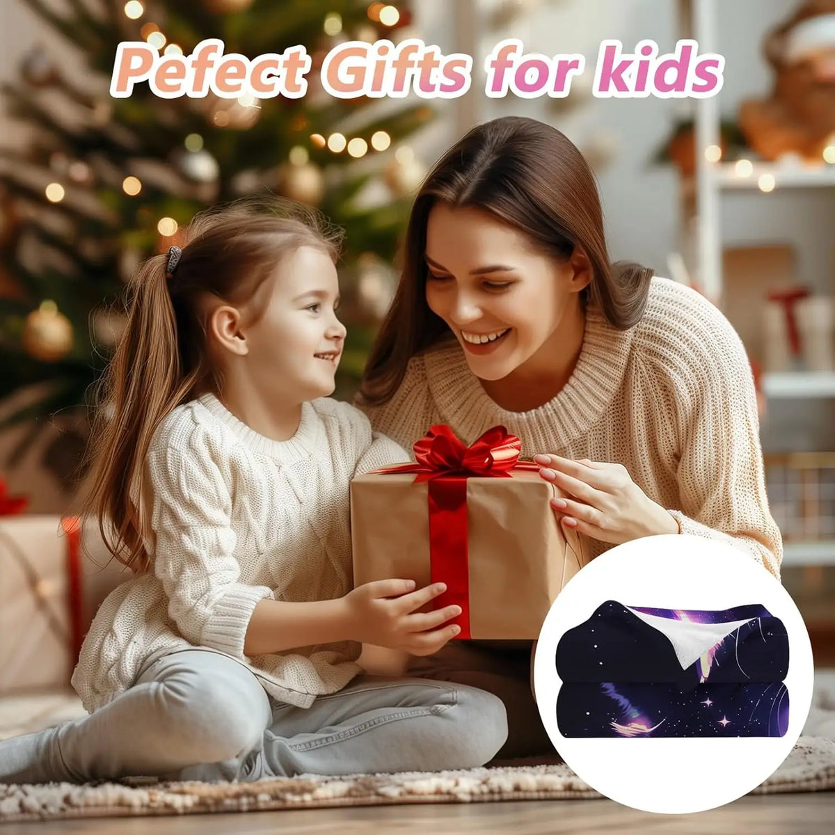 A woman is giving a child a wrapped gift, with a purple and white blanket visible in the foreground.