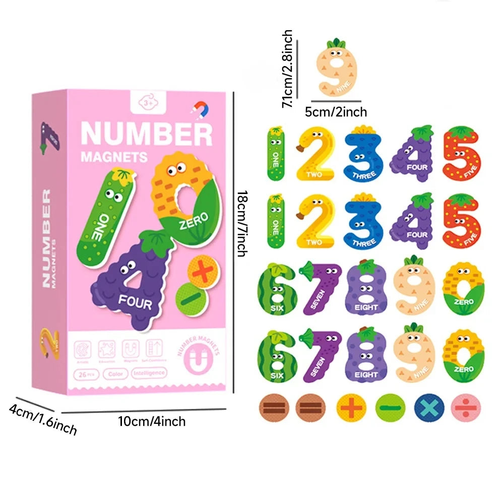 A box of number magnets featuring large magnetic numbers and corresponding animal stickers for children.
