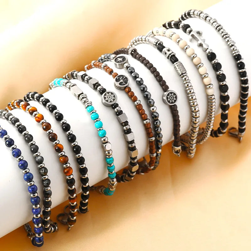 Natural Stone & Stainless Steel Beaded Bracelet