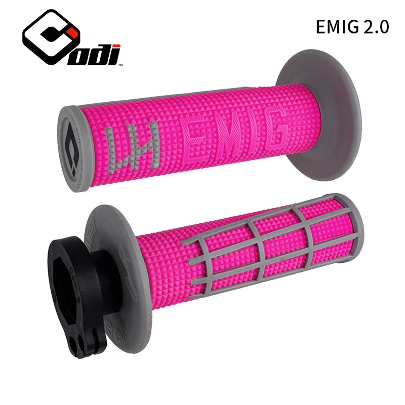 EMIG 2.0 universal cam lock grips in pink and gray for MX bikes