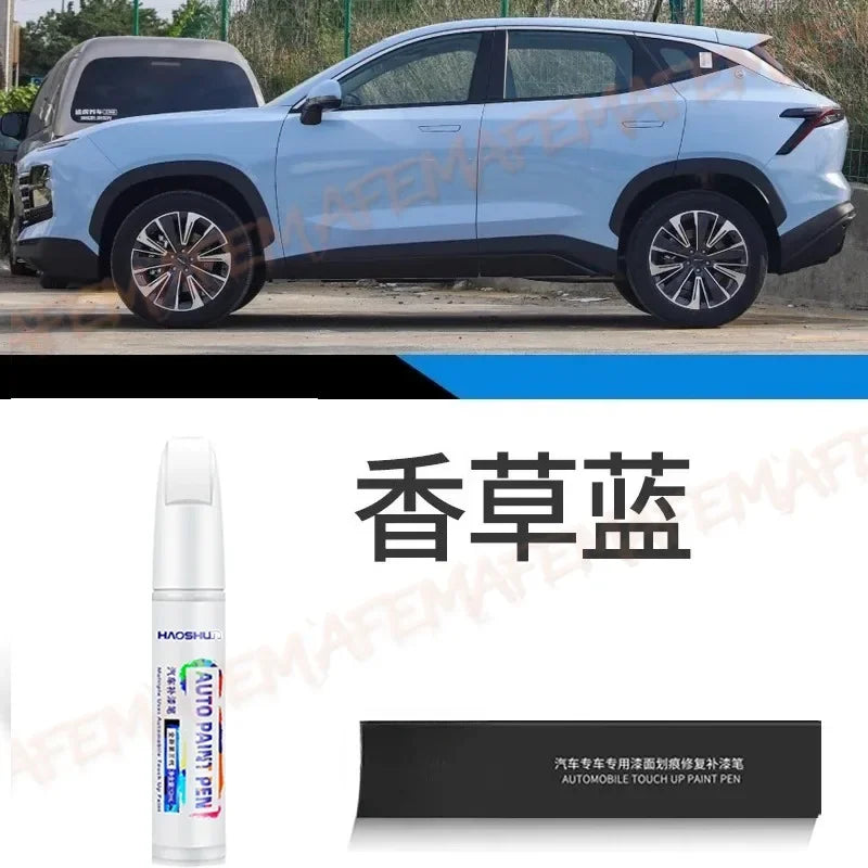 A white automotive touch-up paint pen is shown next to a modern SUV.