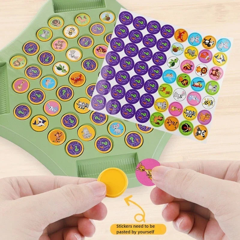 A green board with purple and yellow stickers is shown being held by hands, demonstrating an interactive memory game.