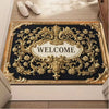 Elegentliche persische Fußmatte mit goldverzierte Blumen und dem Wort WELCOME auf schwarzem Hintergrund.