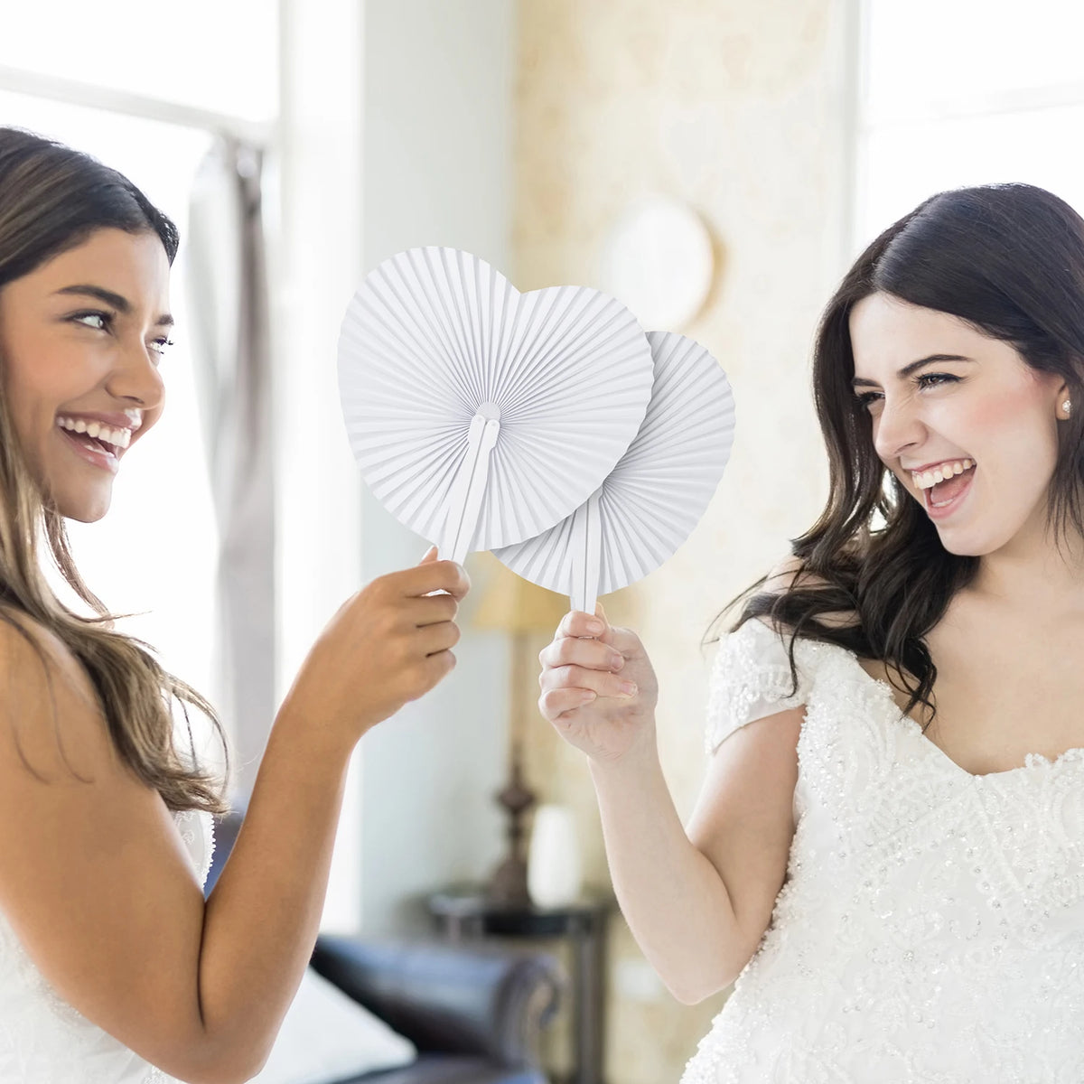 Classic White Folding Paper Hand Fans with Plastic Handles