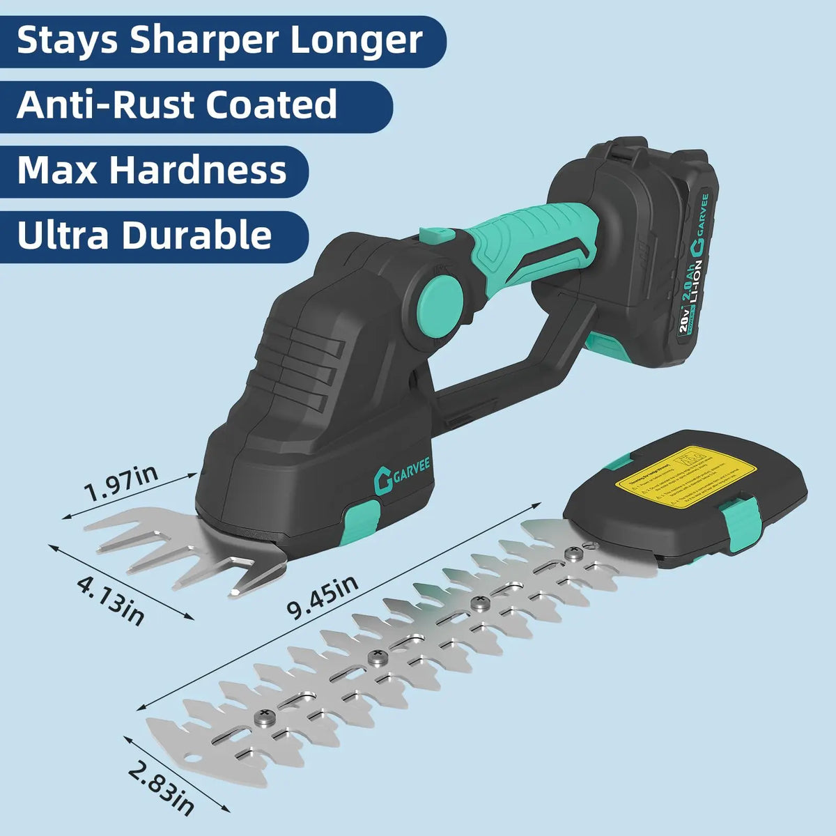 A black and teal cordless grass shear and hedge trimmer is shown with its blade attachments.