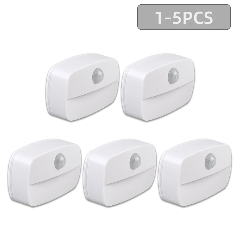 Five white motion sensor LED night lights are shown in a row.
