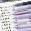 A collection of seven minimalist clear gel pens with smooth 0.5mm fine points are shown on lined paper.