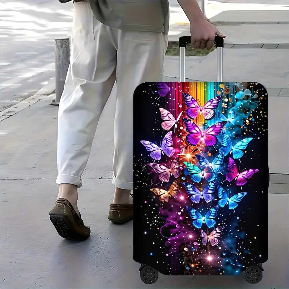 A black rolling suitcase with an iridescent butterfly print featuring vibrant colors and sparkling effects.