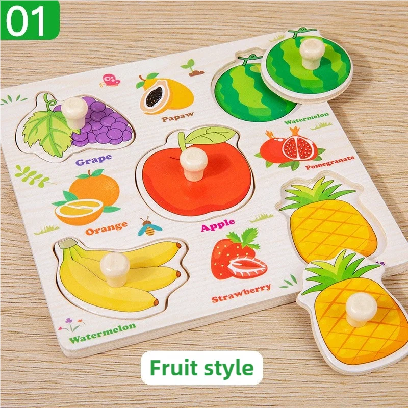 A wooden fruit style puzzle set featuring various fruits like grape, watermelon, apple, orange, banana, and strawberry.