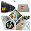 A collection of decals featuring the Texas shape flag design on various surfaces including a car, laptop, and bottle.
