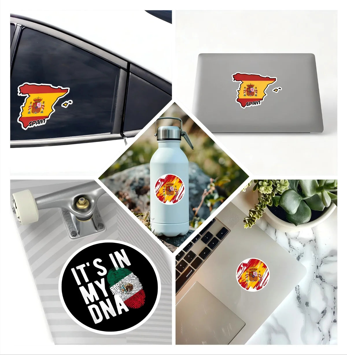 A collection of decals featuring the Texas shape flag design on various surfaces including a car, laptop, and bottle.