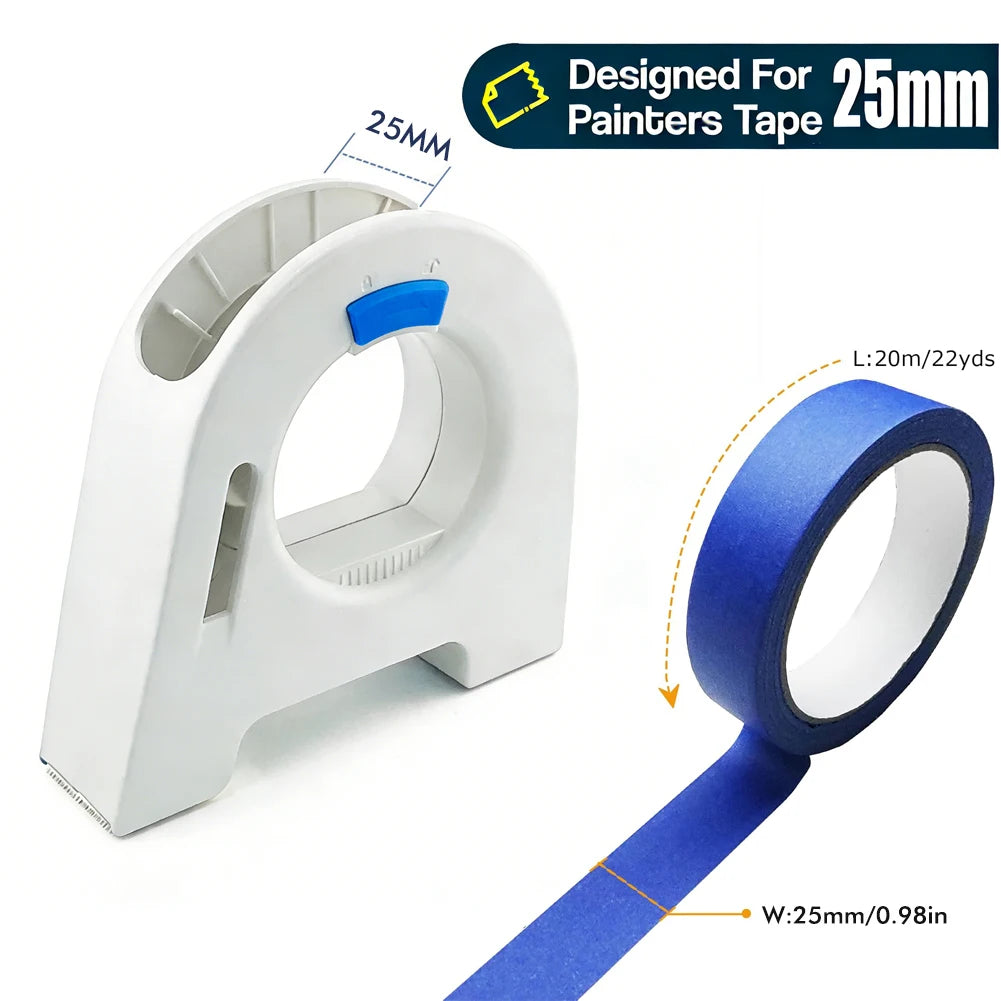 White masking tape dispenser with a 25mm tape roll and applicator, designed for painters tape.