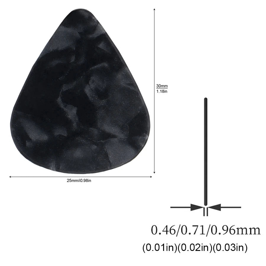 Black teardrop-shaped adhesive guitar pick holder with dimensions 30mm or 1.18in.