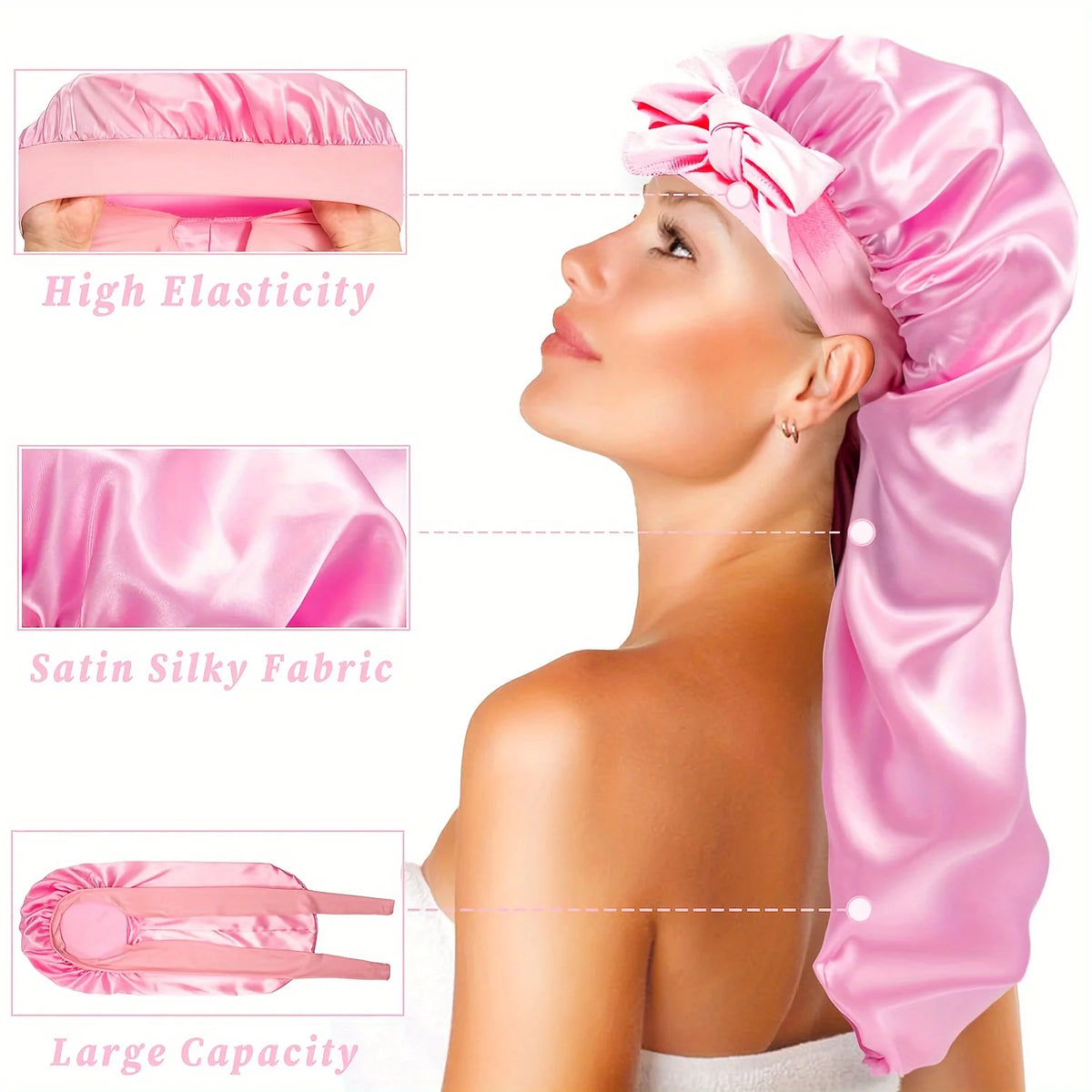 A pink satin sleep bonnet with a large bow is shown on a model's head and shoulder.