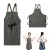 A dark olive green canvas apron with straps and a large front pocket shown in multiple views.