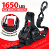 Black auto-retractable ratchet tie-down straps with a red press button and black strap shown for securing cargo.
