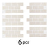 A set of six beige 3D waterproof peel-and-stick kitchen wall tiles shown in various rectangular arrangements.