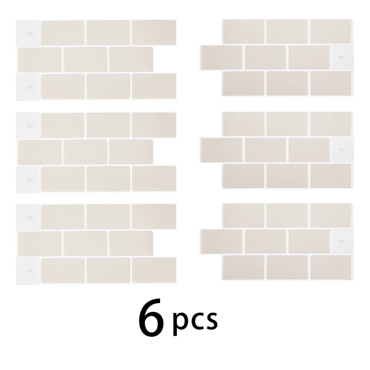 A set of six beige 3D waterproof peel-and-stick kitchen wall tiles shown in various rectangular arrangements.