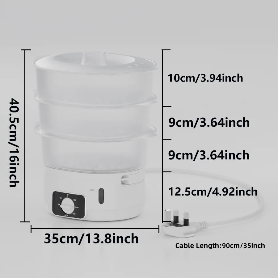 White electric food steamer with a removable insert and power cord shown with dimensions.