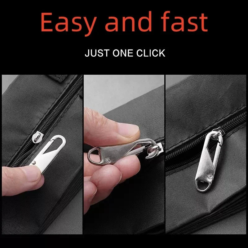 Close-up showing a hand opening a black fabric zipper with a metal slider replacement.