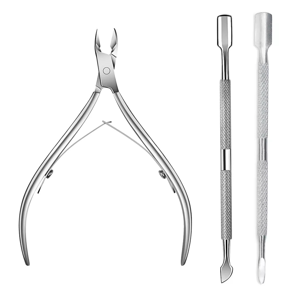 Professional stainless steel manicure kit featuring a cuticle trimmer and pusher tool.