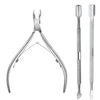 Professional stainless steel manicure kit featuring a cuticle trimmer and pusher tool.