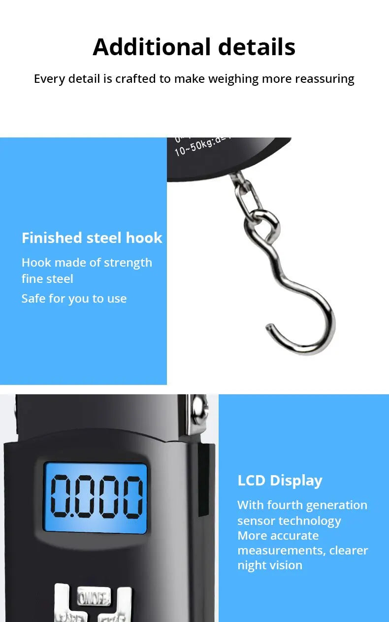 Close-up of a portable digital luggage scale showing a 0.000 reading and a finished steel hook detail.