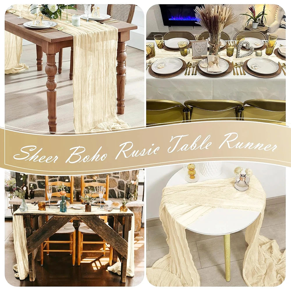 A sheer beige gauze table runner draped over a wooden table in a rustic boho style setting.