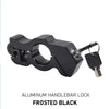 A black aluminum handlebar lock with a key and padlock attachment.