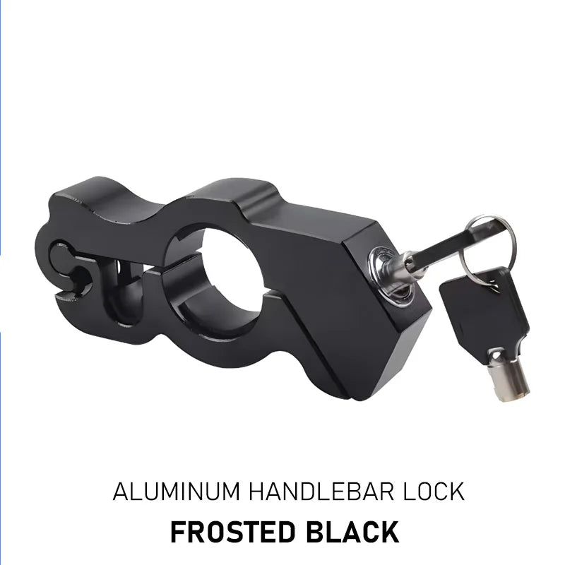 A black aluminum handlebar lock with a key and padlock attachment.