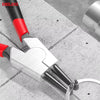 Silver dual-use circlip pliers with red handles gripping a metal ring.