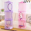 A pink and purple 3-tier mesh hanging storage organizer for closet or door, featuring circular mesh compartments.