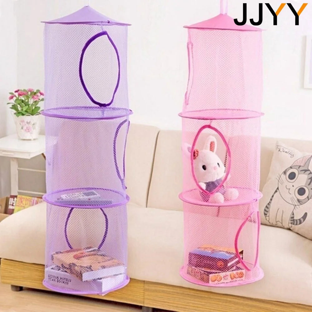 A pink and purple 3-tier mesh hanging storage organizer for closet or door, featuring circular mesh compartments.