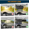 A comparison showing a polarized lens car sun visor extender with and without the device installed on a vehicle interior.