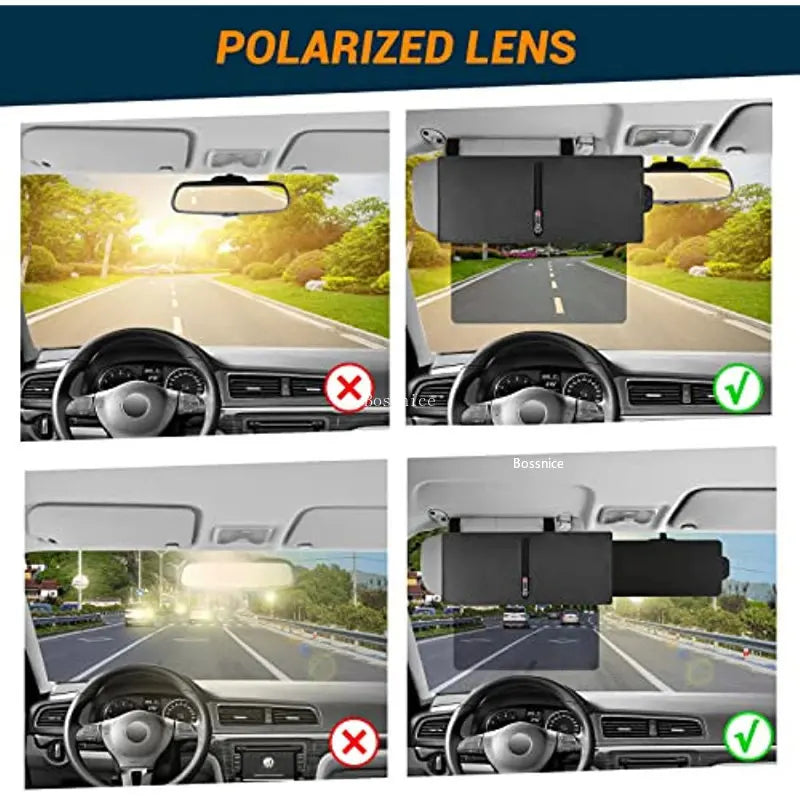 A comparison showing a polarized lens car sun visor extender with and without the device installed on a vehicle interior.