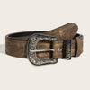 A classic brown leather belt with an antique silver-toned buckle.