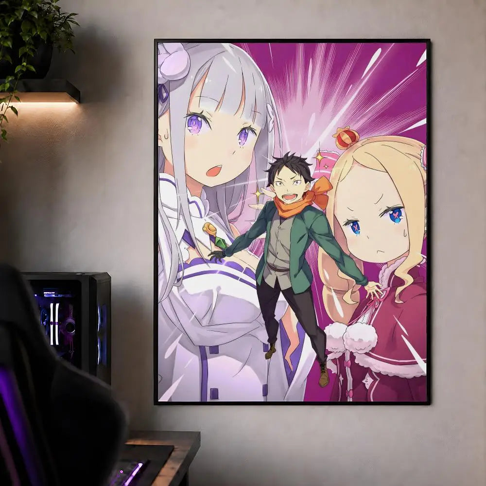 A vertical poster featuring characters from Re:Zero in a vibrant purple and pink style.