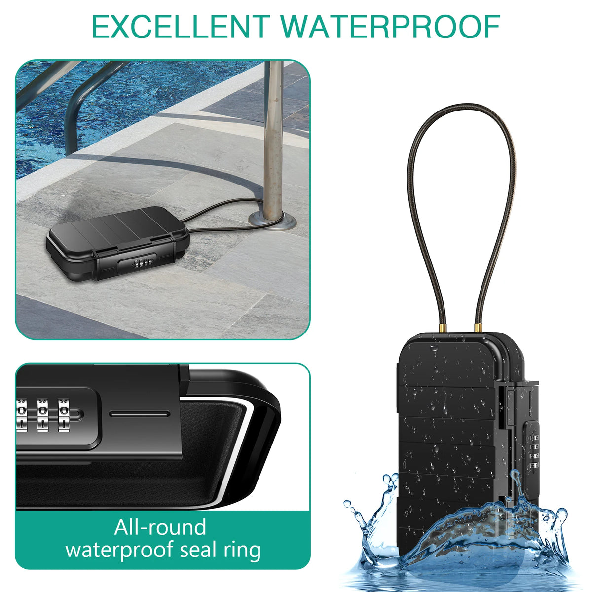 A black portable safe lock box with a steel cable and an all-round waterproof seal ring being tested in water.