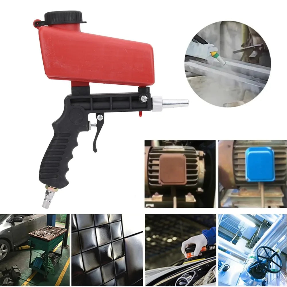 A red and black handheld pneumatic sandblasting gun with a hopper and various related equipment shown in detail.