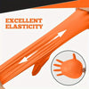 Orange heavy-duty nitrile disposable gloves with diamond texture shown stretching to demonstrate elasticity