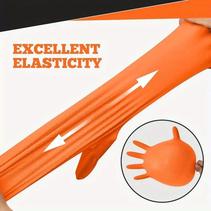 Orange heavy-duty nitrile disposable gloves with diamond texture shown stretching to demonstrate elasticity