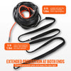 Black synthetic winch rope with orange end warning sleeves and nylon protective sleeves for extended protection