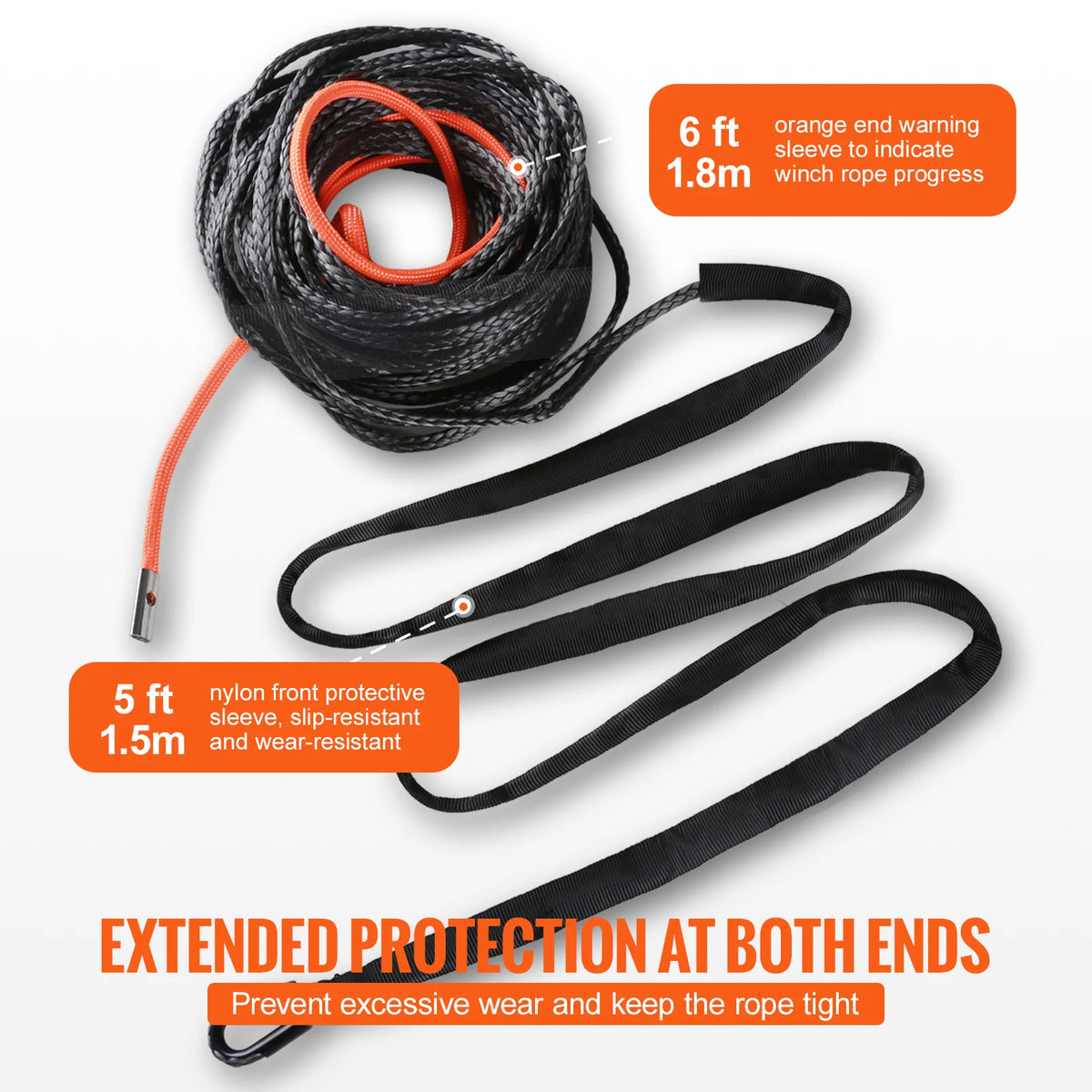 Black synthetic winch rope with orange end warning sleeves and nylon protective sleeves for extended protection