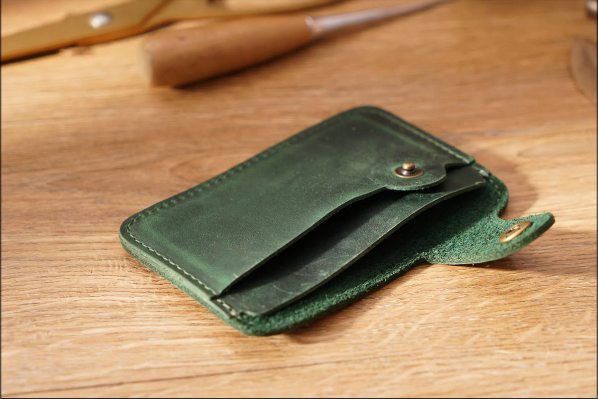 Vintage Leather Slim Card Holder with Snap Closure